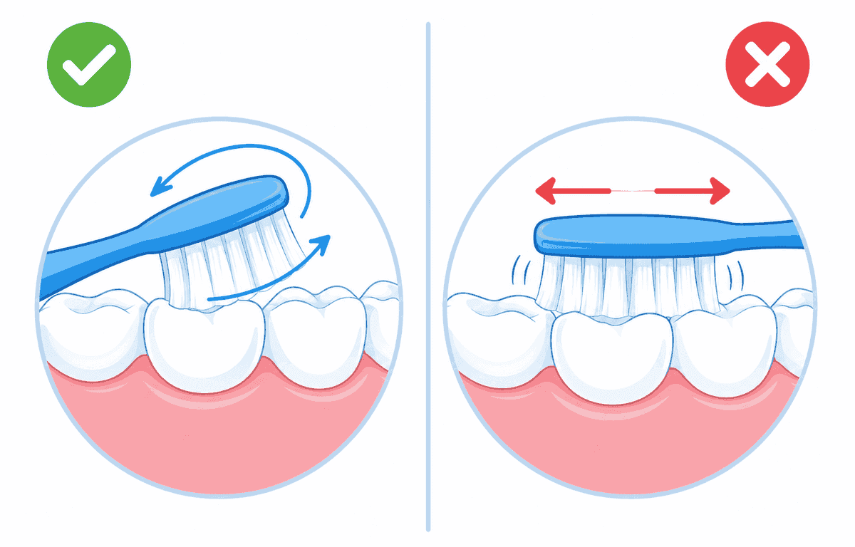 Correct gentle circular brushing motion compared to incorrect harsh side-to-side scrubbing