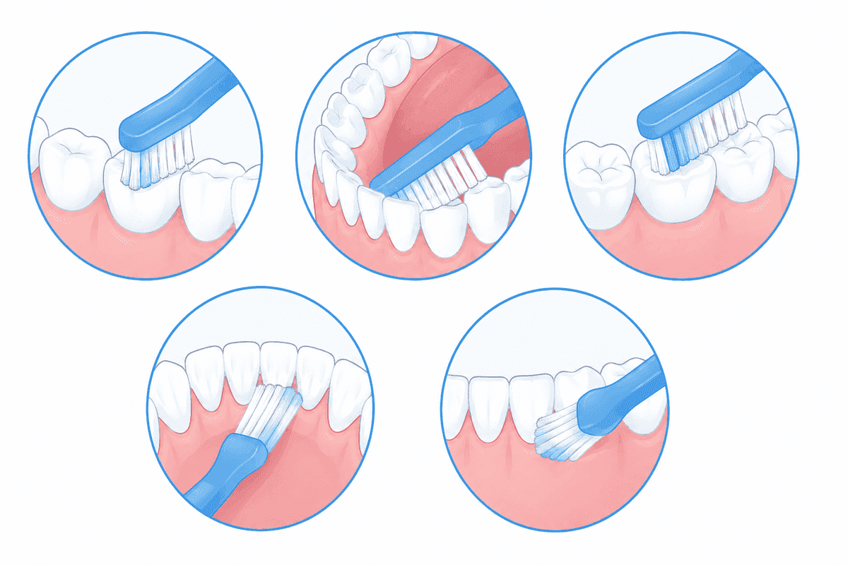 Five panels showing correct brushing technique on outer, inner, chewing, behind-front-teeth, and gumline surfaces