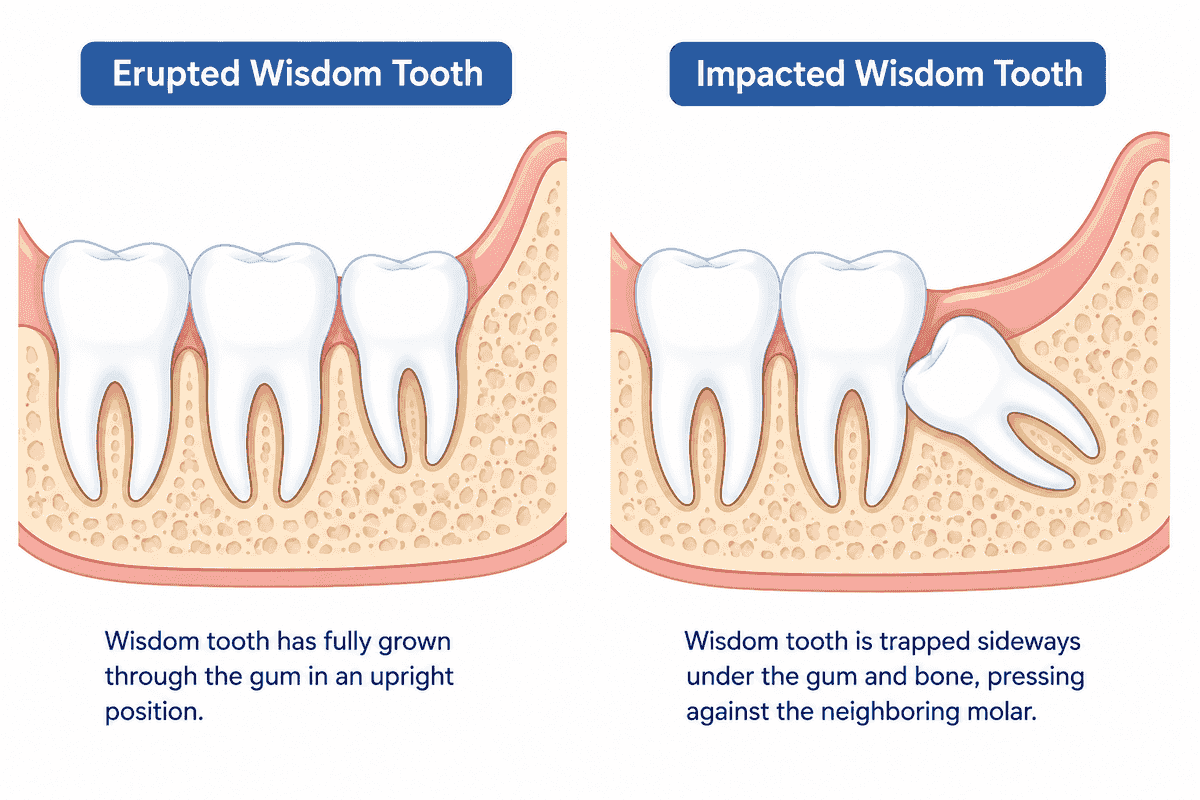 Cross-section diagram comparing an erupted wisdom tooth that has fully grown through the gum in an upright position, versus an impacted wisdom tooth trapped sideways under the gum and bone, pressing against the neighboring molar
