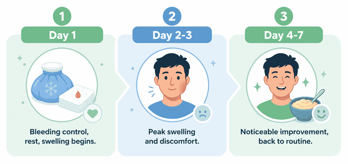 Recovery timeline infographic showing three stages after wisdom tooth extraction: Day 1 with bleeding control, rest, and swelling beginning; Day 2-3 with peak swelling and discomfort; Day 4-7 with noticeable improvement and return to normal routine