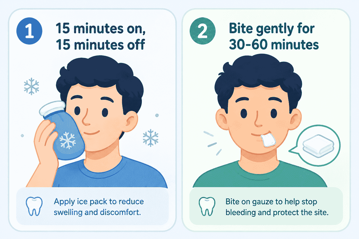 Two-step aftercare illustration: Step 1 shows applying an ice pack to the cheek for 15 minutes on and 15 minutes off to reduce swelling; Step 2 shows biting gently on gauze for 30 to 60 minutes to help stop bleeding and protect the extraction site